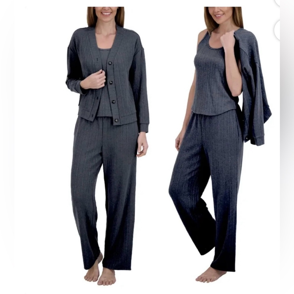 NWT Cozy 3 piece Lounge Set XXL cable knit cardigan tank elastic pant steel blue